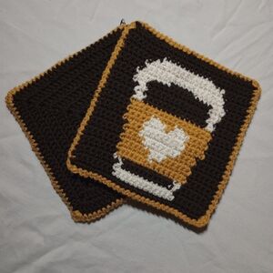 Handmade Coffee Mug Crochet Pot Holders - Brown and White